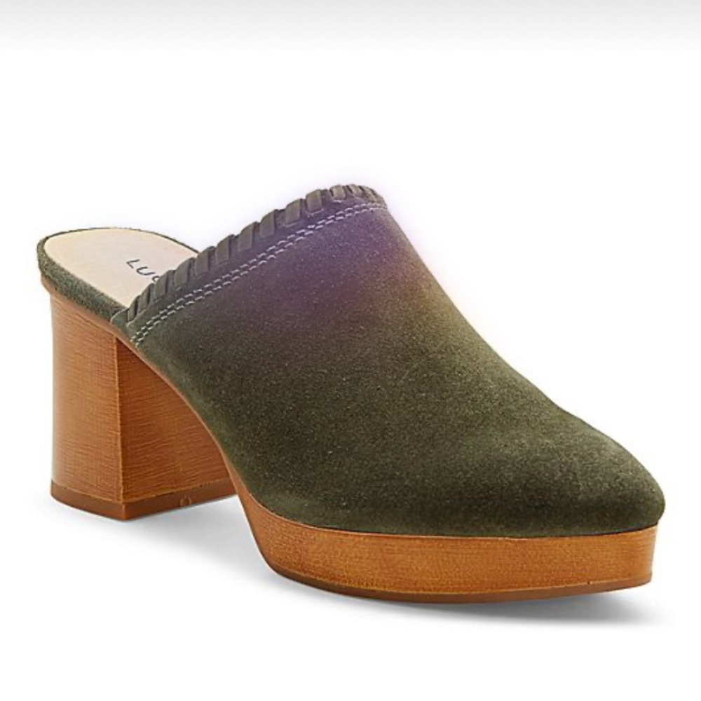 Lucky Brand Olive Suede Block Heel Mules New